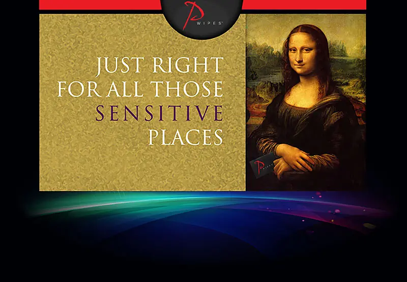 A painting of mona lisa with the words " just right for all those sensitive places ".